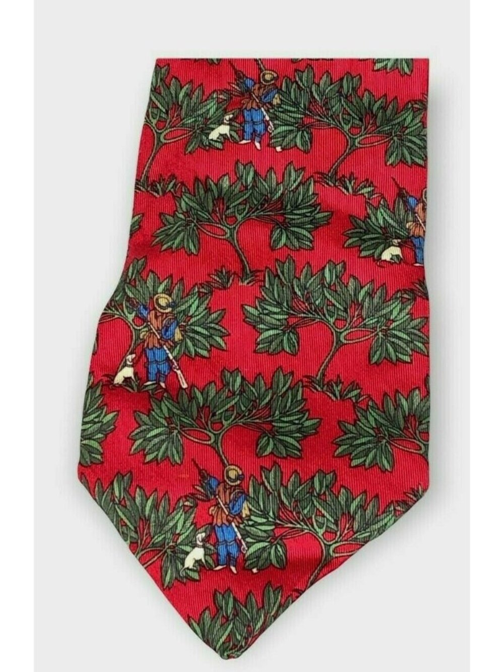 Salvatore Ferragamo Silk Neck Tie Red Green Hunter Made in Italy Tree Animal